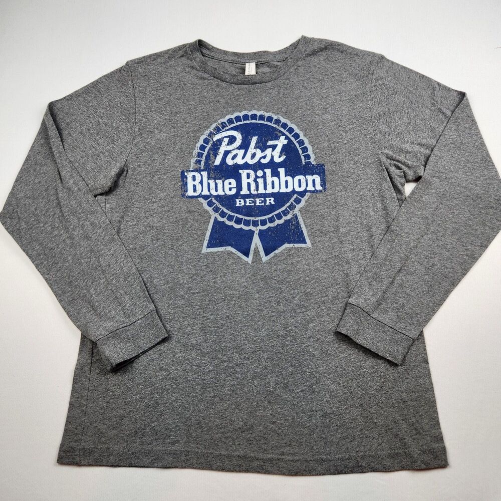 Bella+Canvas Pabst Blue Ribbon Long Sleeve T-Shirt Mens L Heathered Gray Classic